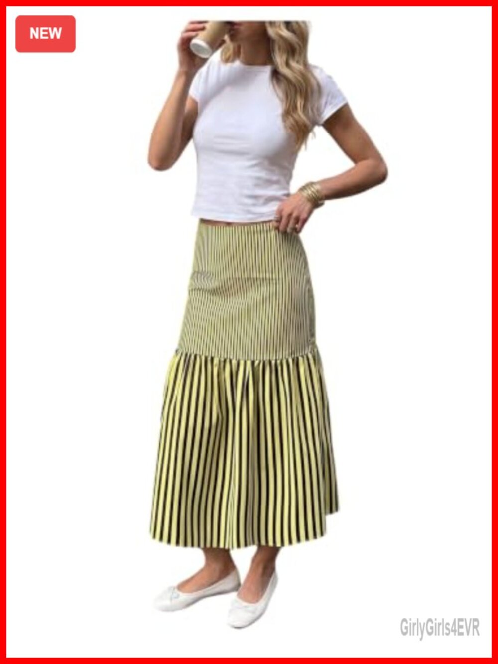 Striped Ruffle Hem A-Line Flowy Maxi Skirt
